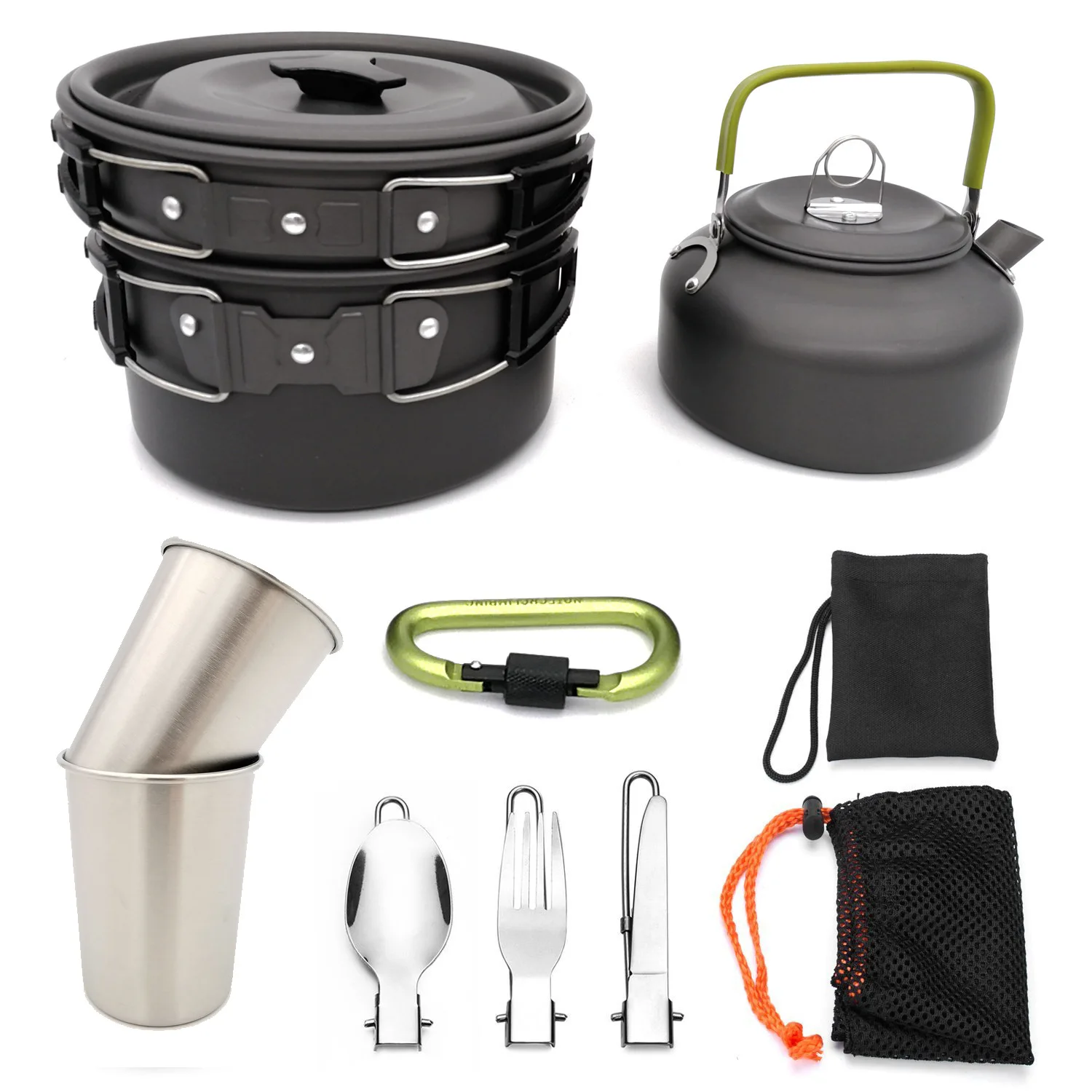 Outdoor Camping 2-3 People Cookware Mess Kit With Folding Stove Lightweight Pot Pan Kettle Set With Plates Forks Knives Spoons