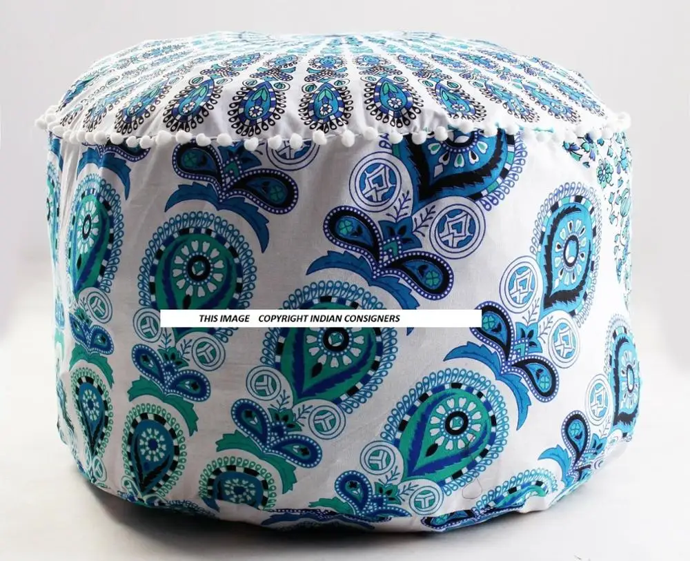 Handmade Cotton Peacock Mandala Pouf Cover Modern Chair Stool Ottoman Cover in Multiple Colors for Home Living Room