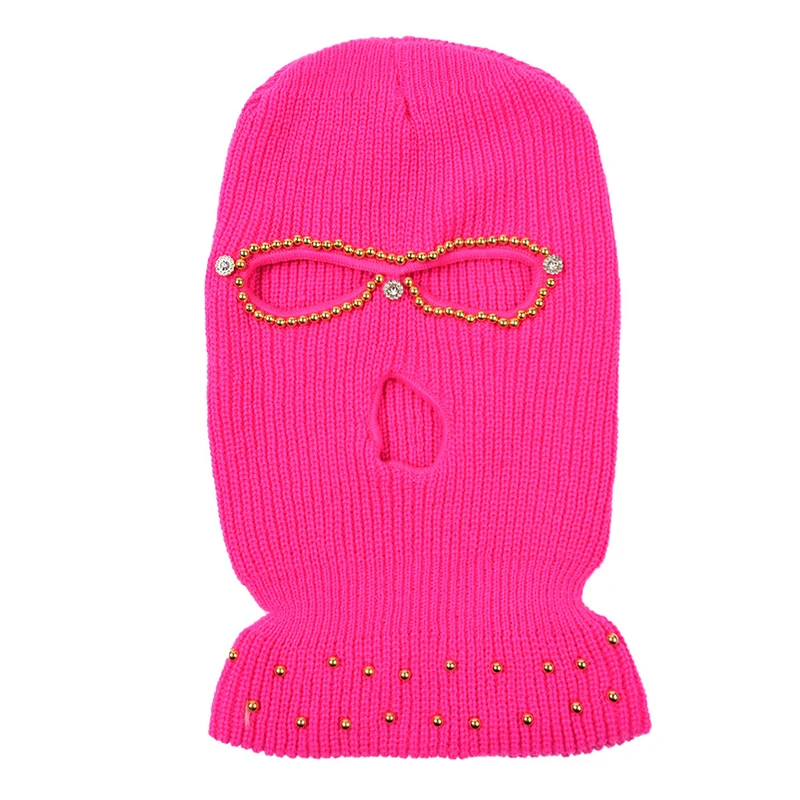 Wholesale Girly skimask beanie multicolor crocheted ribbed neck Nail drill pearls logo neon balaclava 3 hole pink ski masks