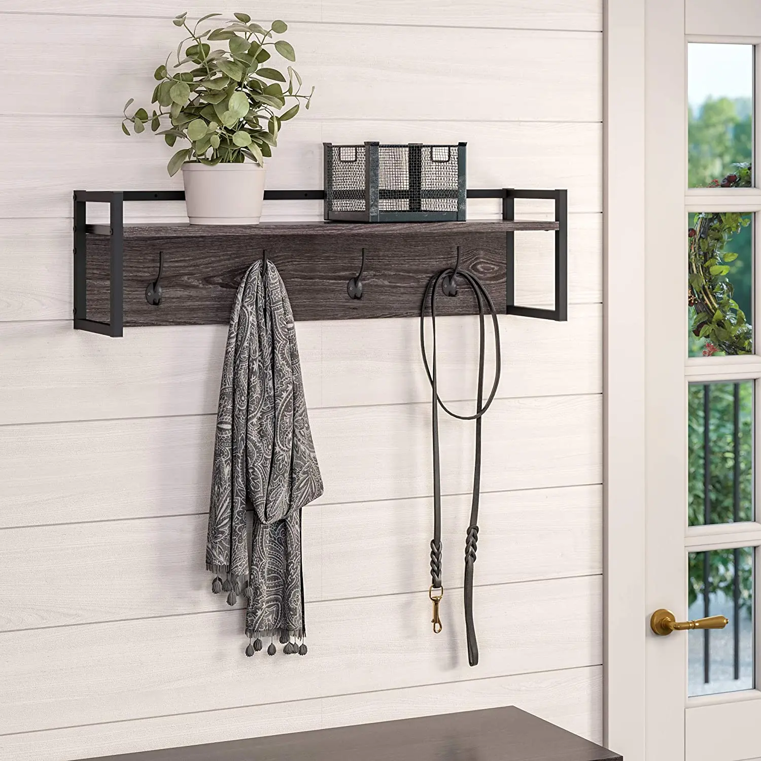 Combohome Entryway 4-Hook Metal Frame Wall Shelf Bathroom Wall Rack Wooden Clothing Shelves Bedroom Coat Rack