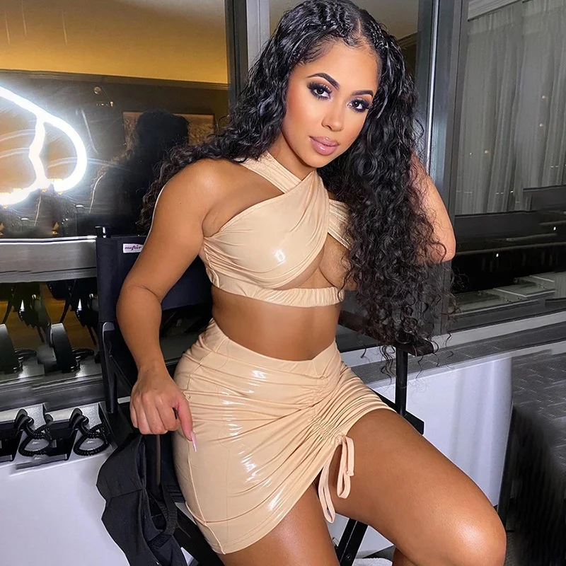 Sexy Hollow Out Halter Sleeveless Tank Tops And Stacked Skirt 2021 New Arrivals PU Leather Two Piece Sets