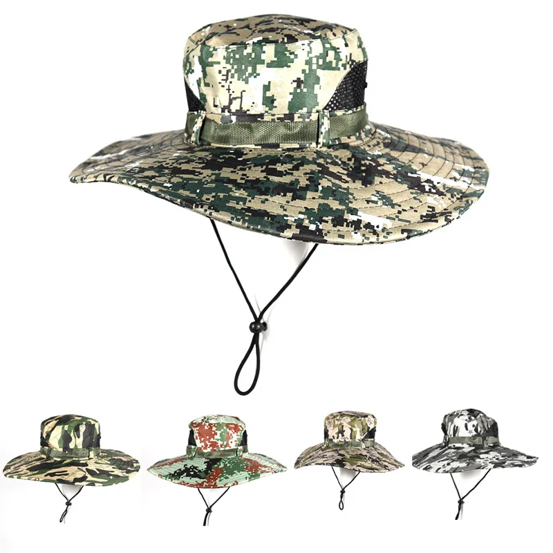 QJC196 Men 13cm Brim Sun Hat Adjustable Chin Strap Hold Hat Escaping Moisture Heat Mesh Panels Design Bucket Hats