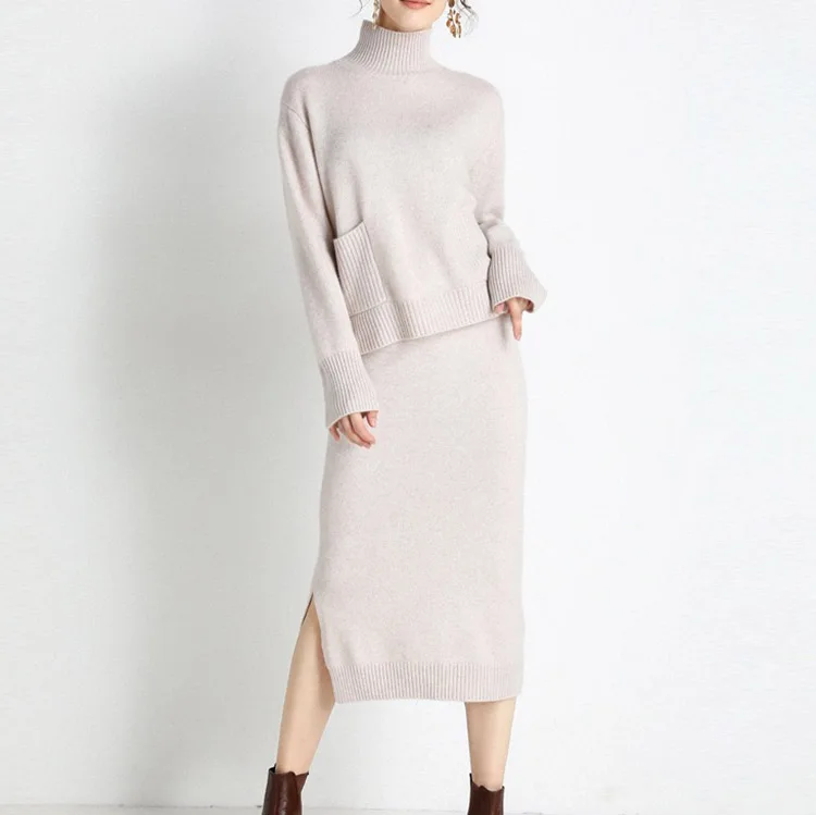 2023 Custom LOGO OEM ODM cashmere knit dress turtleneck fashion cashmere set womens knitwear cashmere sweater dress suits