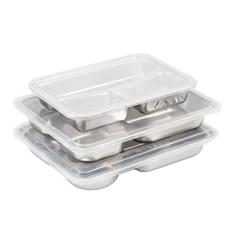School canteen home 3 compartment food container bento divided plate stainless steel food tray for kid