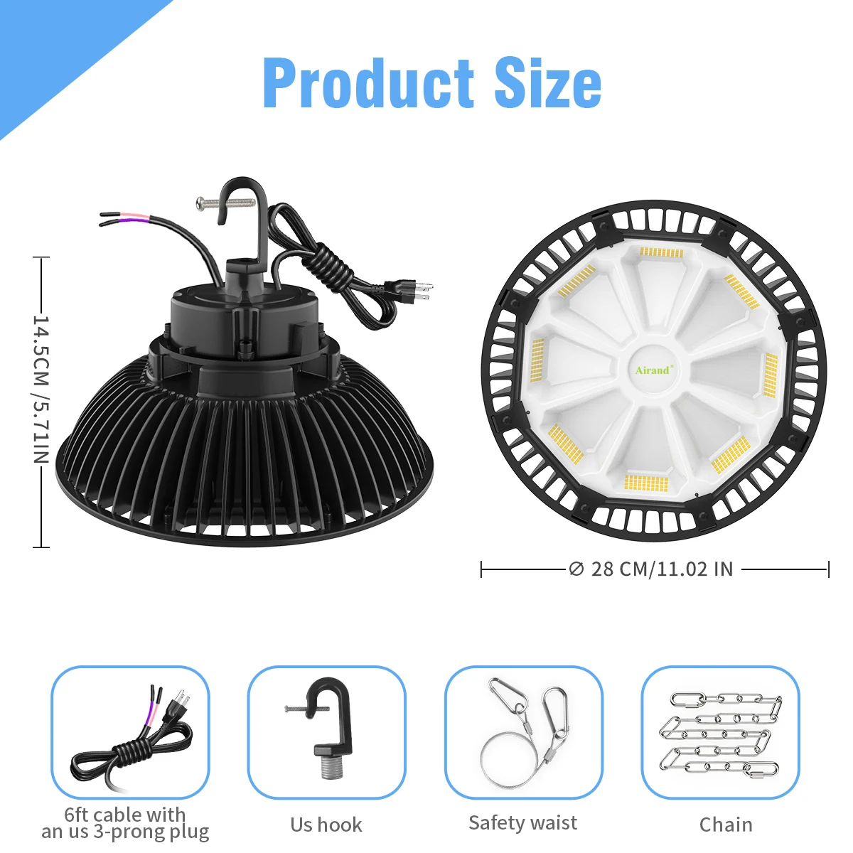 Dimmable 200W UFO High Bay Light With US Plug and Hook Garage Lighting Fixture From USA Warehouse