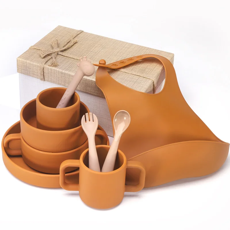 Customized Printed Tableware Kids Dining Dishes Plates Spoon Fork Bibs Baby Feeding Set