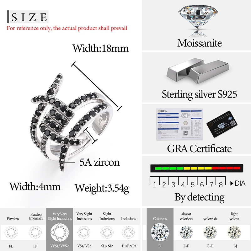 Hot Sale Men Fine Adjustable Ring Prong Setting 925 Sterling Silver Gemstone Party Jewelry Black Moissanite Ring