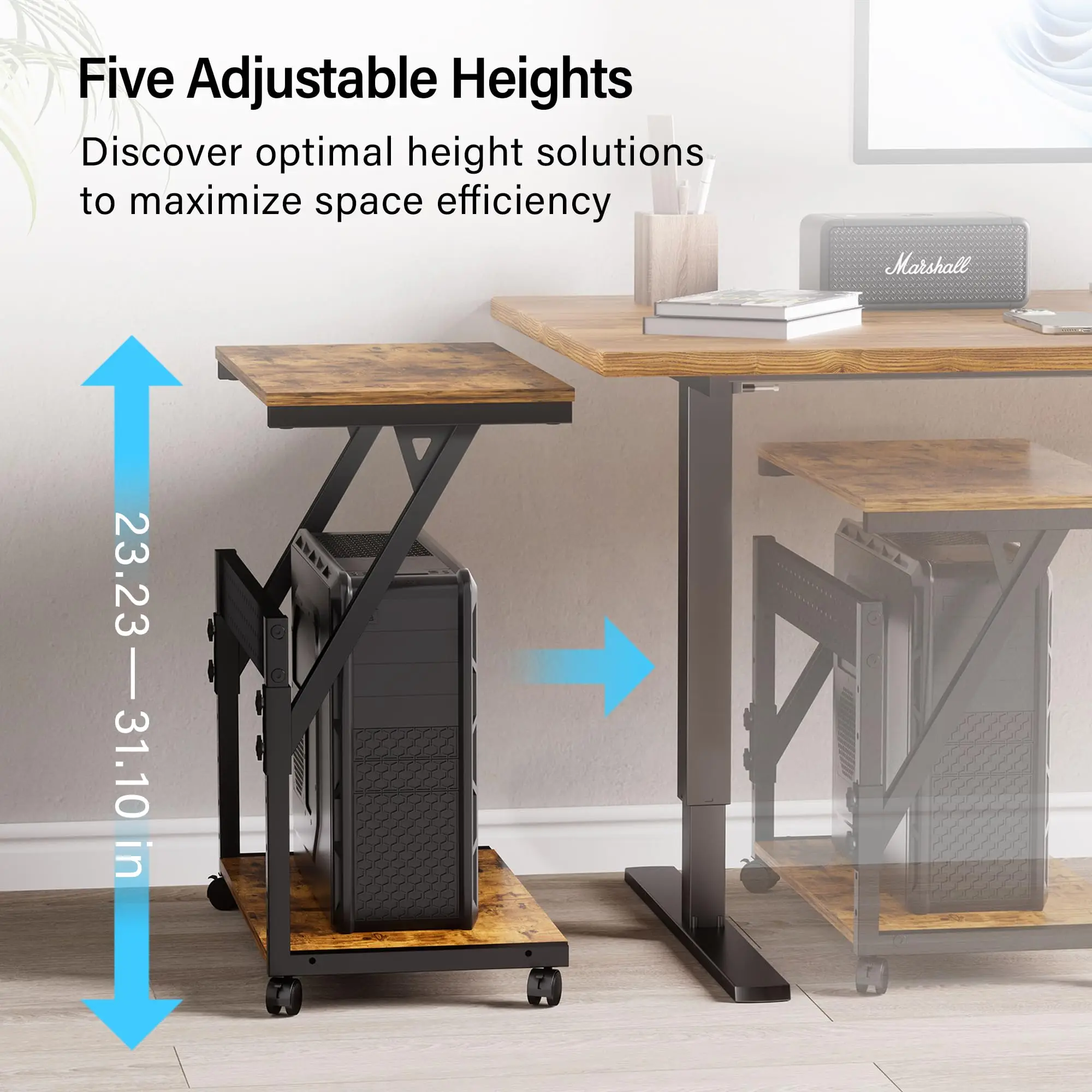 Rustic Brown 2-Tier PC Stand Lockable Rolling Wheels Adjustable Height Computer Tower Cart Home Office Gaming Desk CPU Holder