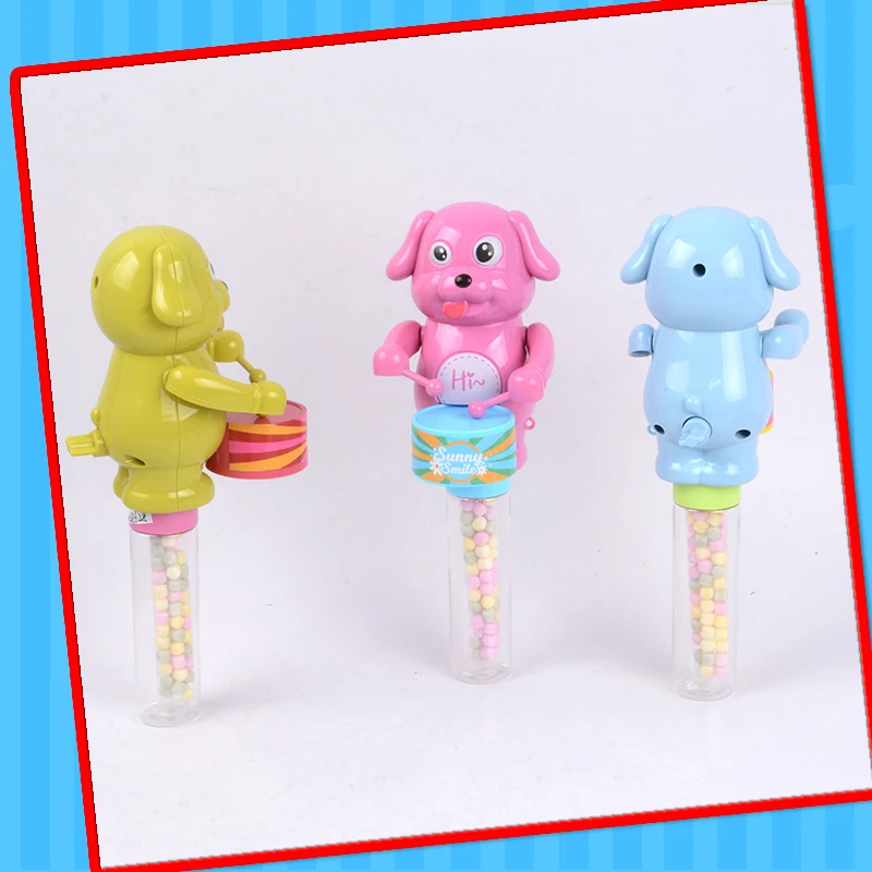 Hot selling plastic animal toy dog drummer toy stick  toy with candy