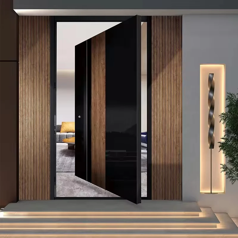 Luxury Italian Big Front Stainless Steel Door Design Villa Entrance Security Modern Entry Black Aluminum Front Pivot Door