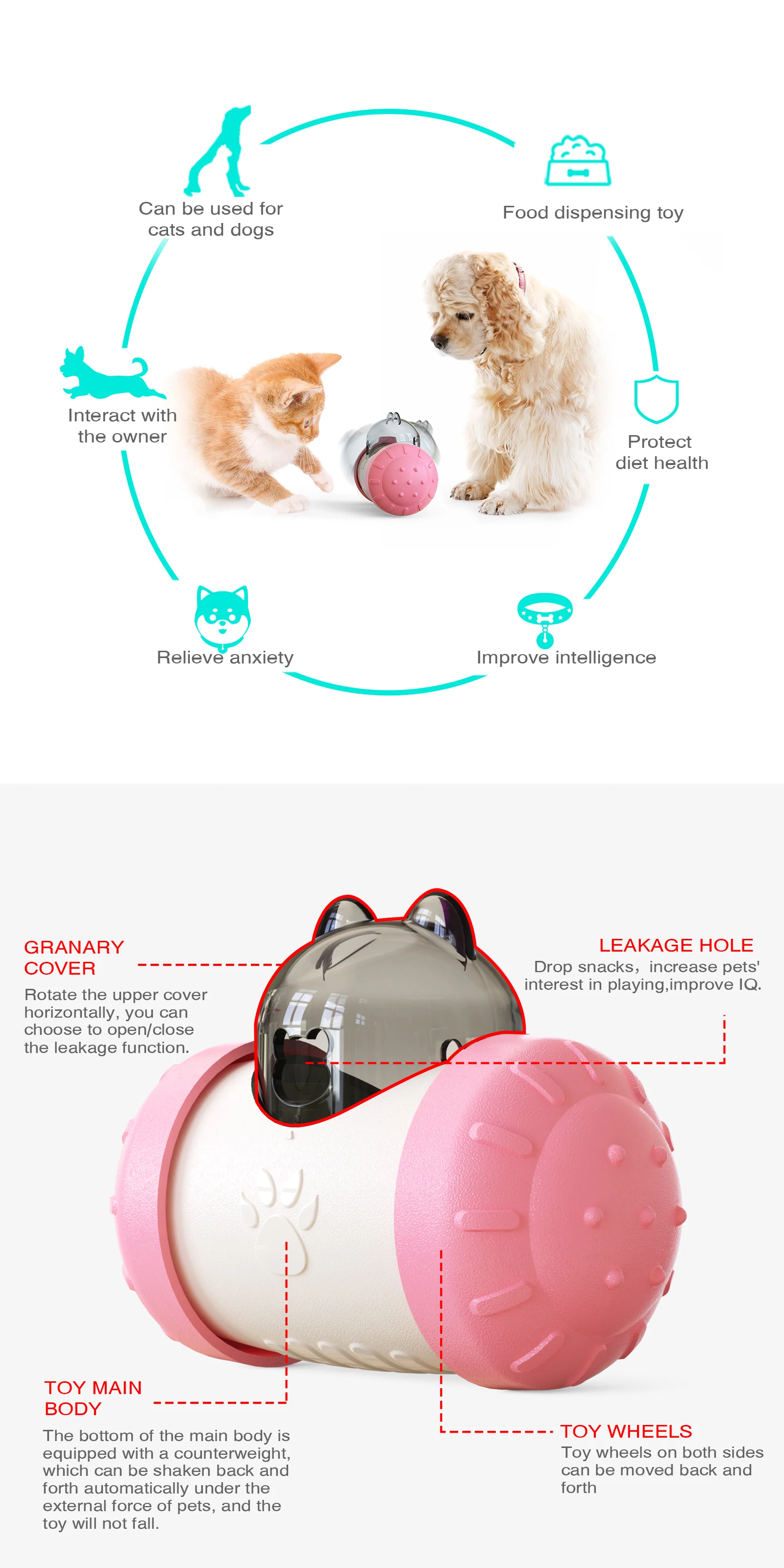 Multifunctional balanced cat and dog interactive toy with missing food  Pink