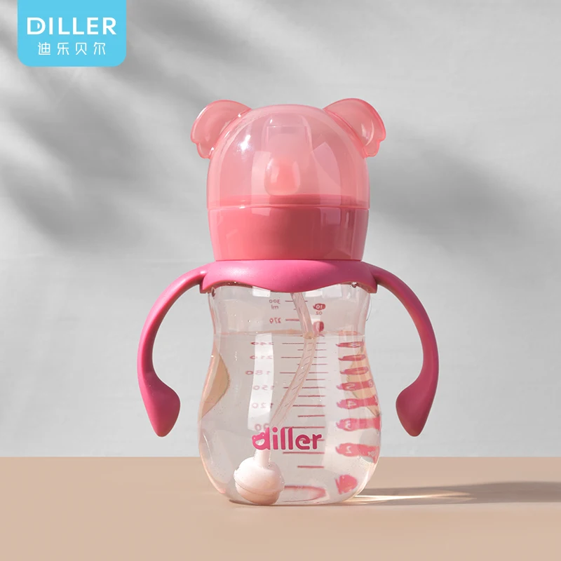 300ml BPA Free fashion design Baby Silicone nipple PPSU Baby feeding bottle milk plastic bottle With Straw and Handle