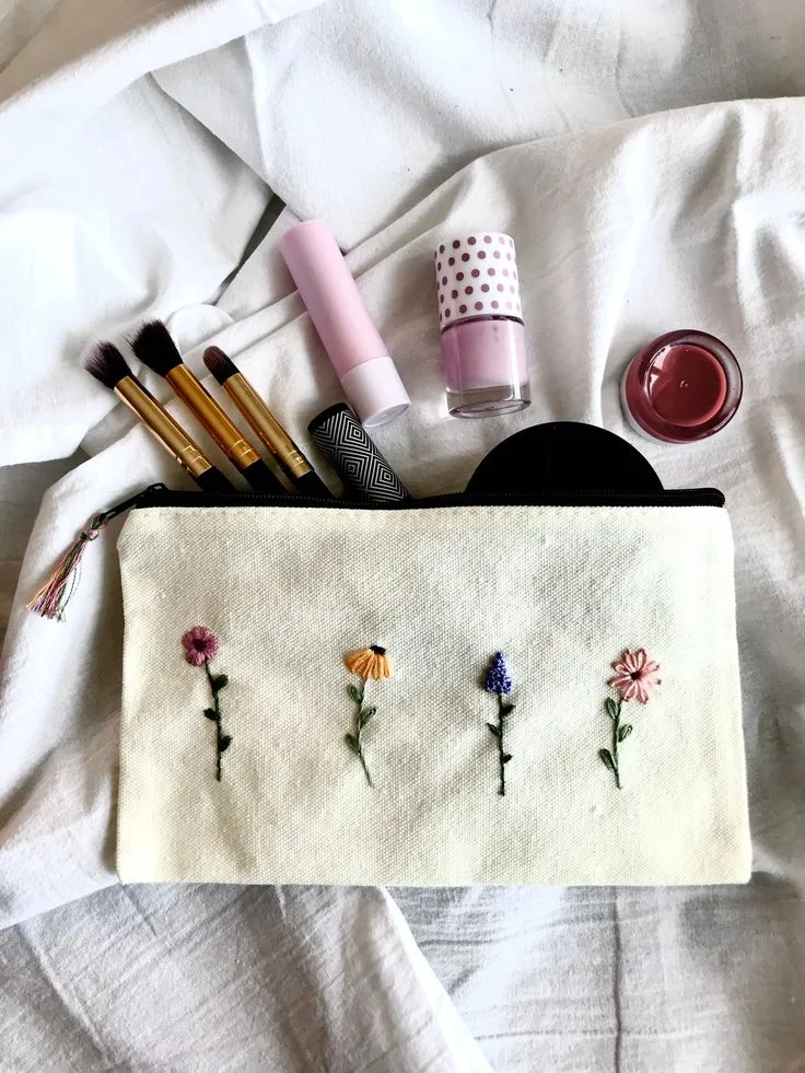 Wildflowers Hand Embroidered Canvas Pouch with Zipper Cosmetic Bag Pencil Case Wallet Toiletry Bag