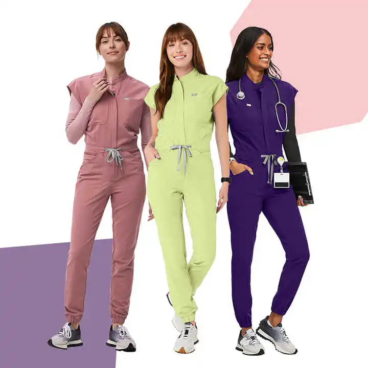 Fashionable Doctor Jumpsuit Hospital Uniforms Sets Soft Stretch Nursing Suits For Women Breathable Zipper Scrubs Uniforms Sets