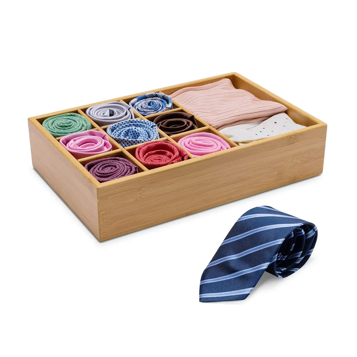 Bamboo 10 Compartment Belt Organizer Drawer Small Clothes Organizer Multifunctional Wooden Storage Organizer with Dividers