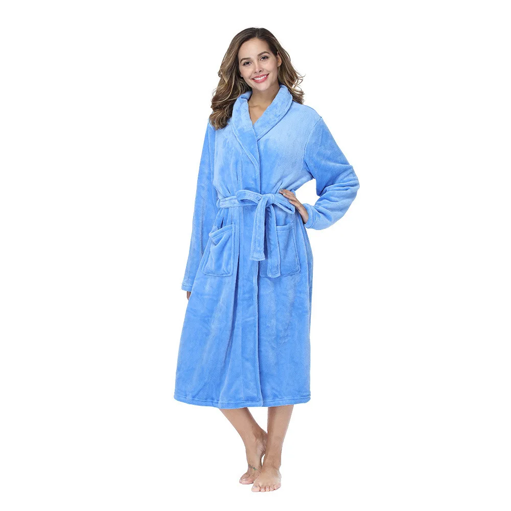 Aoyema Custom Luxury flannel fleece Shawl Collar bathrobes women Robe Sleepwear with Pockets and Waistband