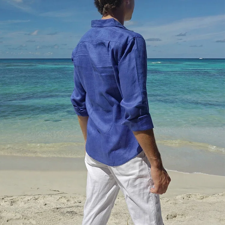 Custom High Quality Mens Shirts Summer Designer Oversized Long Sleeve Slim Beach Casual Black Men Pure Linen Shirt