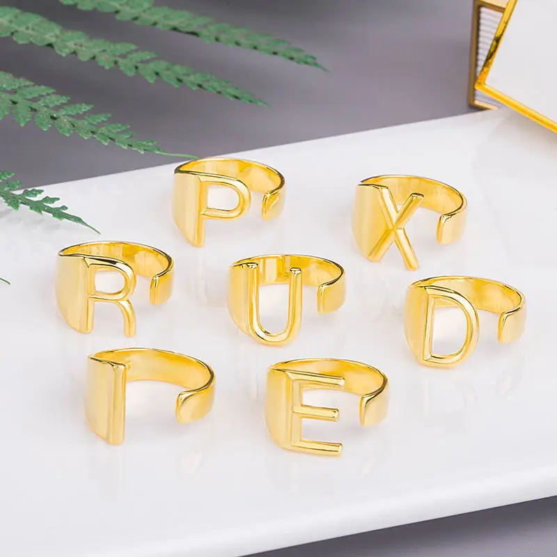 Drop shipping Trendy alphabet A-Z letter ring 18k gold chunky name irregular gold ring adjustable open initial ring