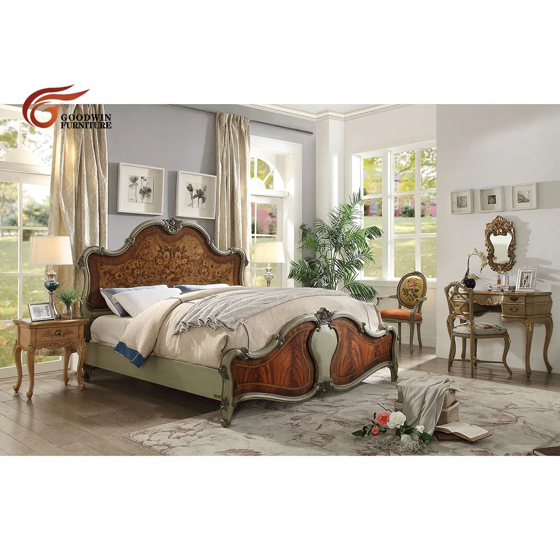 New design royal style bed solid wood bed sets for home good quality antique bedroom furniture GGC56.2