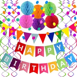 Happy Birthday Banner with Colorful Paper Flag Bunting Paper Circle Confetti Garland Swirl Colorful Happy Birthday Decorations