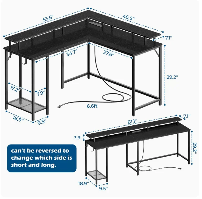 Simple Wood and Metal Corner Desktop Computer Desk for Home Office Gaming or PC Use for Living Room