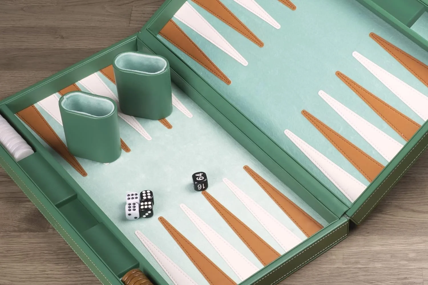 Modern Green 15 Inch Silver Classic Vegan Leather Silver Portable Metallic Travel Strategy Backgammon Set for Adults and Kids