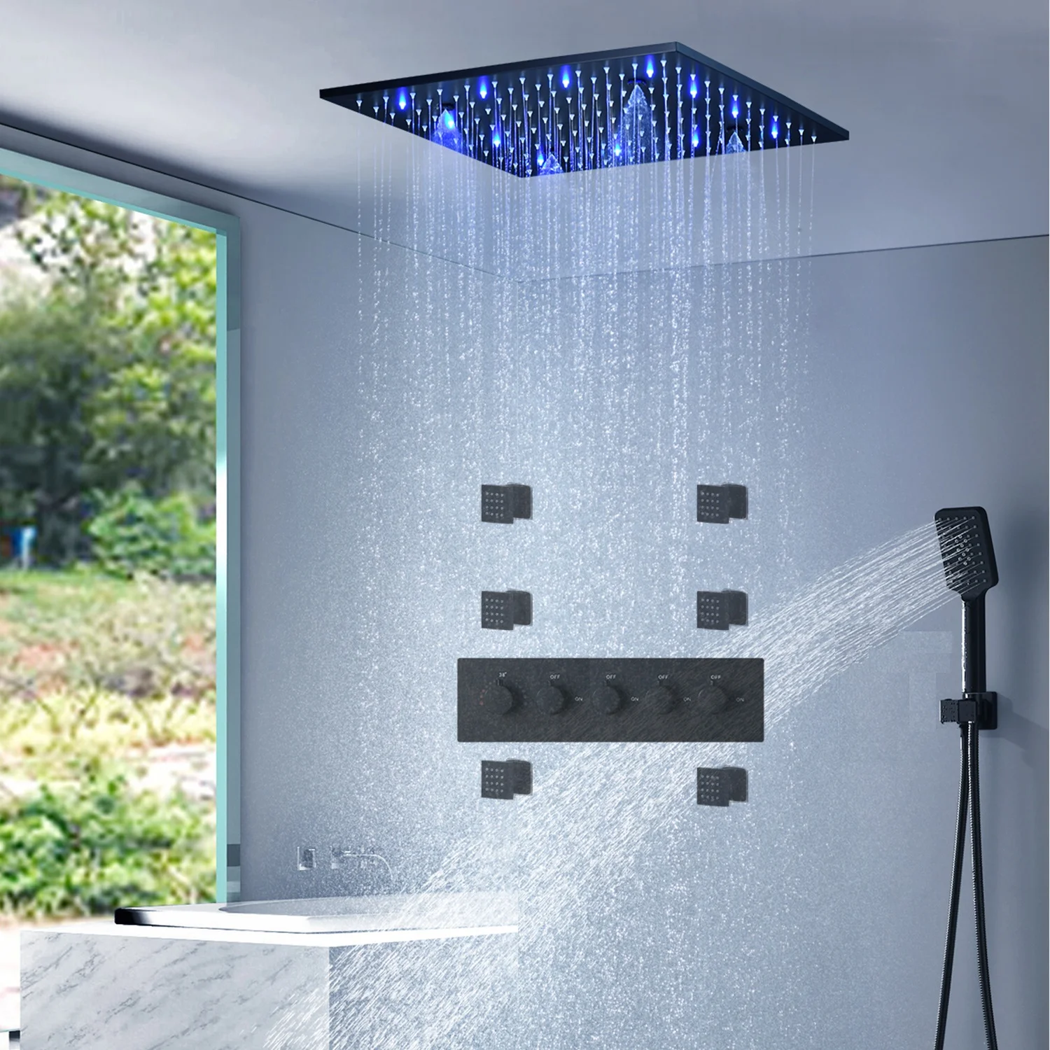 Bathroom Accessories Matt Black Massage Rain LED Shower Panel Bath Rain Shower Head Faucet Set Thermostatic Mixer Body Jets