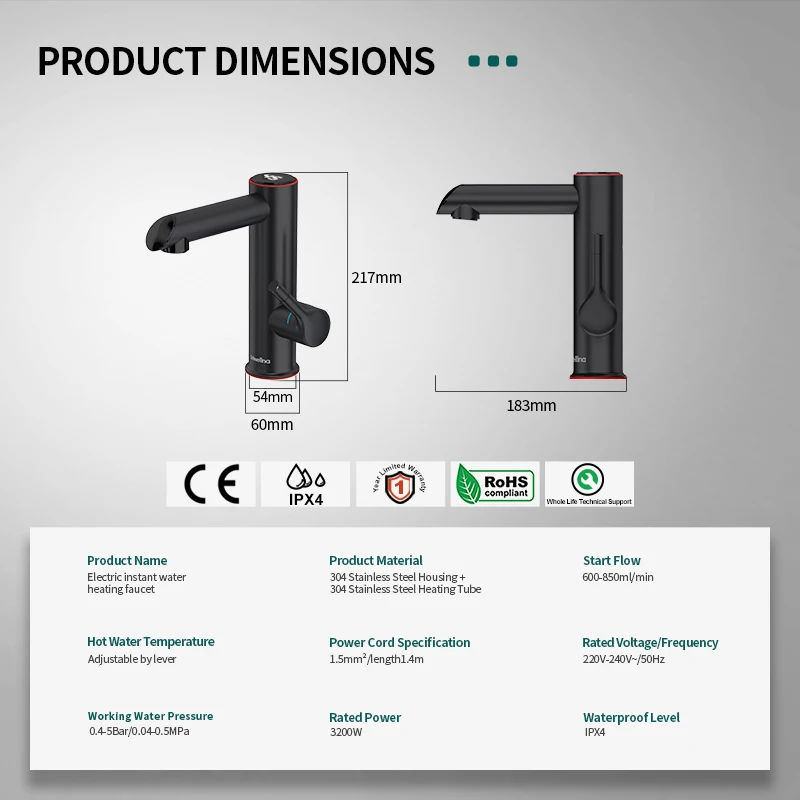 Briwellna 220V 3200W Stainless Steel Electric Bathroom Tap Heater Instant Hot Water Faucet with Digital Temperature Display