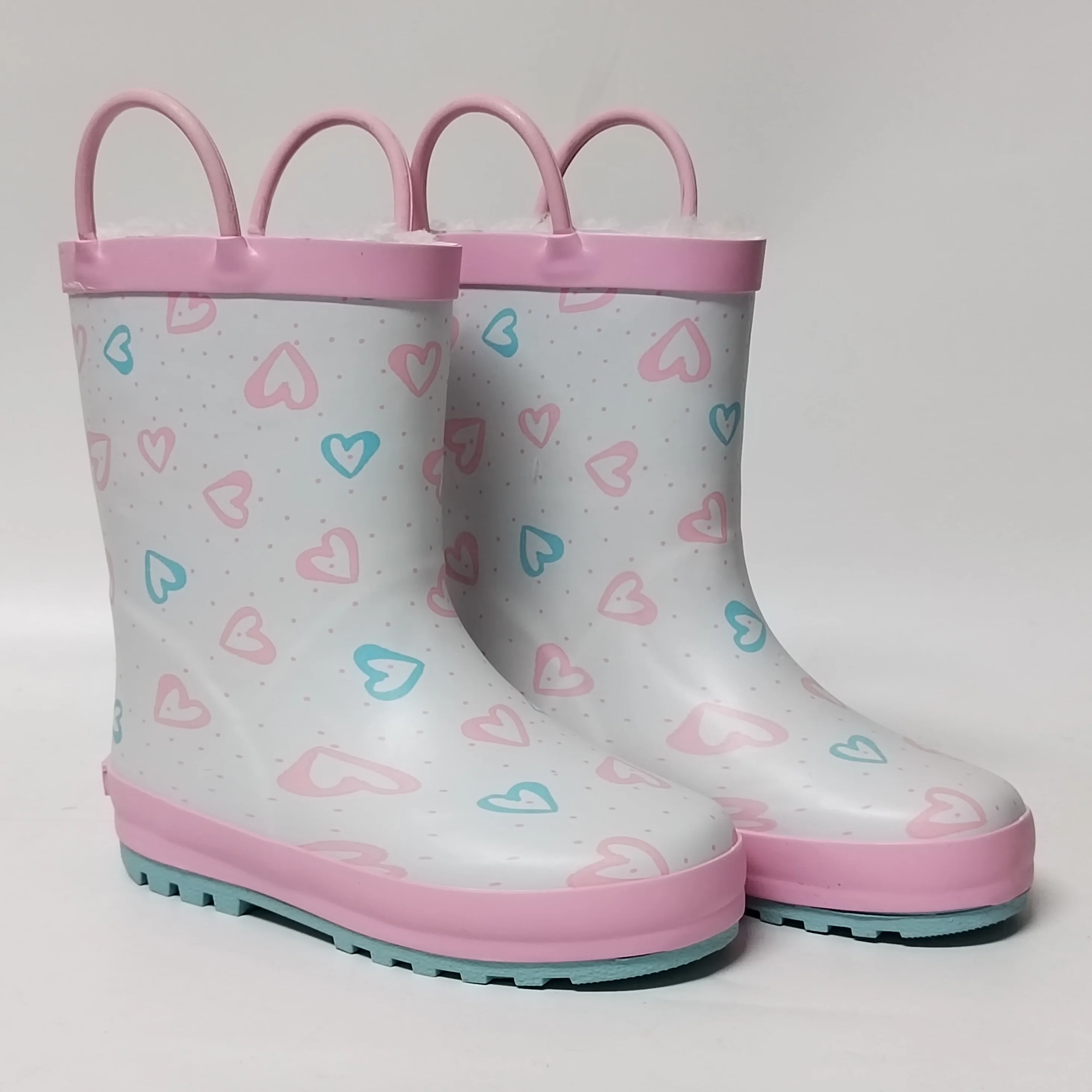 the latest design heart printed polar fleece lining rubber rain boots for Children Kids