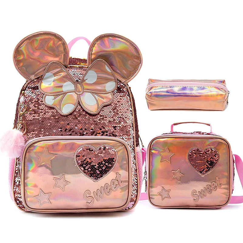 Wholesale Cute Leather Girls School Bags Durable Glitter Sequin Kids Backpacks With Lunch Bag Set