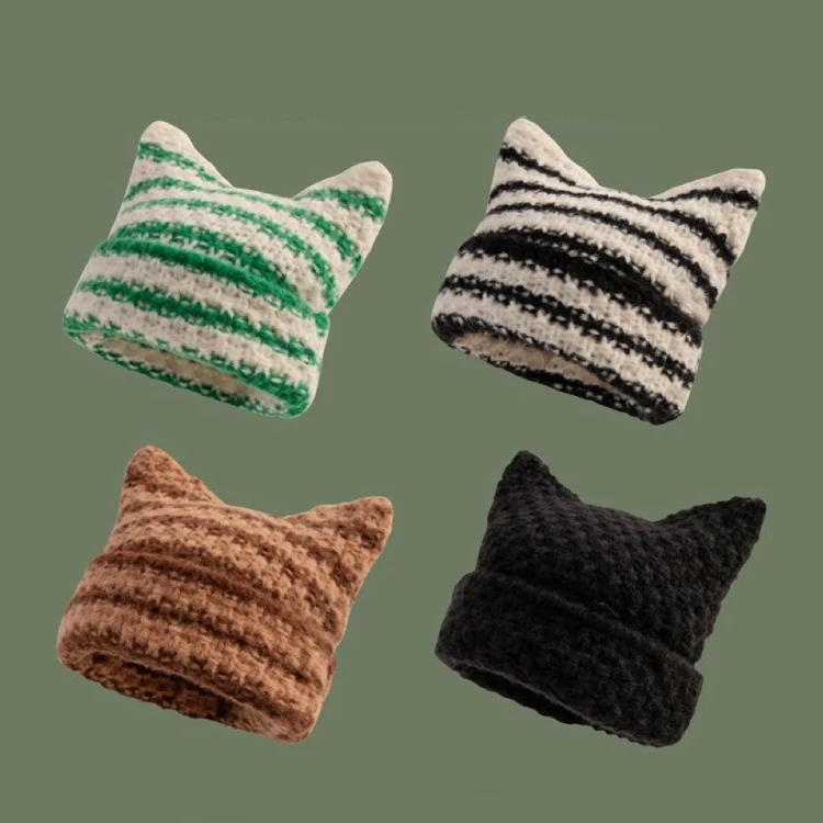High Quality Custom Striped Cat Ears Knitted Beanie Cap Autumn And Winter Warm Hat Beanie Winter Caps For Adults Women