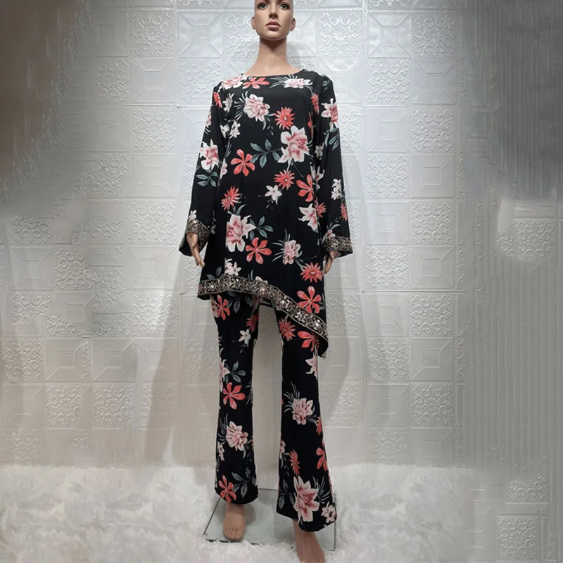 
Middle East Muslim Floral Printing Sequin Decor two-piece Abaya Islamic Ladies Lace Embroidered Clothing 