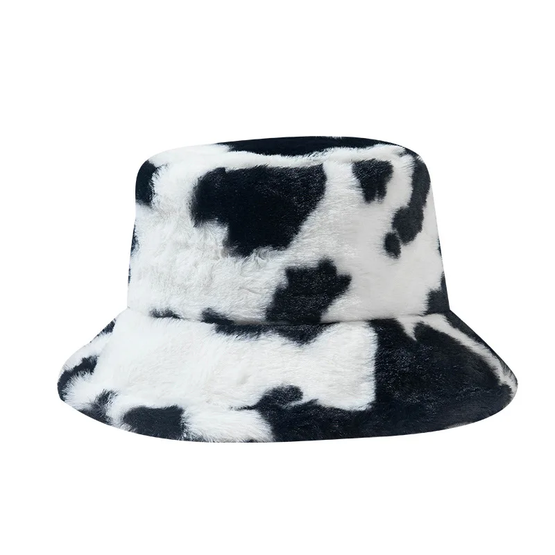 Wholesale Custom Cow Pattern Fuzzy Warm Fisherman Hat Winter Thickened Faux Rabbit Wool Fluffy Plush Bucket Hat