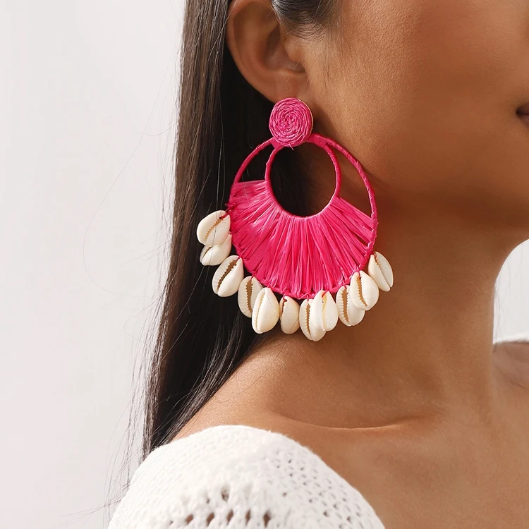 XD-17 Beach Women Ear Jewelry Trendy Wholesale Woven Braided Raffia Natural Shell Stud Earrings For Girls