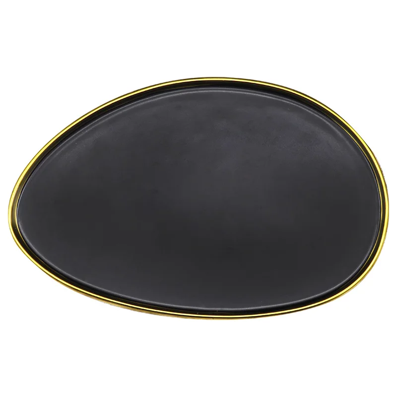 Black Dinner Plate Tableware Gold Rim Ceramic Irregular Serving Dish Set for Restaurant