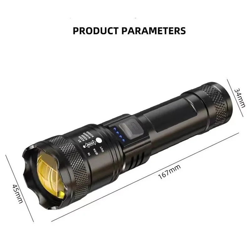 Factory Price Super Bright Flashlight P900 LED 5000 Lumen Type-C USB Zoomable Power Display Outdoor Torch Flashlight Emergency