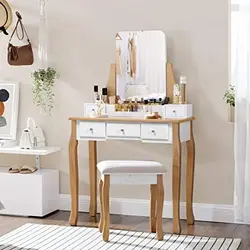 Vanity Set Makeup Dressing Table with Round Mirror 2 Large Drawers with Sliding Rails Cushioned Stool White