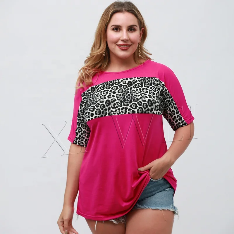 Ladiesreadymade rose-carmine patchwork t shirts women blouse Leopard crew neck summer adult women t shirt tshirts