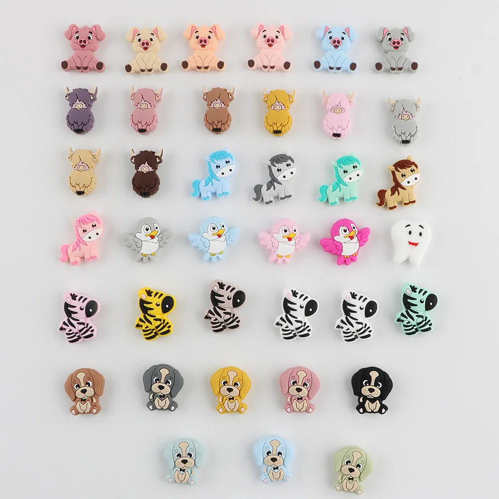 Kovict Wholesale BPA Free Food Grade Animal Jewelry Teething Silicone Yak Pig Zebra Dog Pony Puppy Mix Silicone Animal Beads
