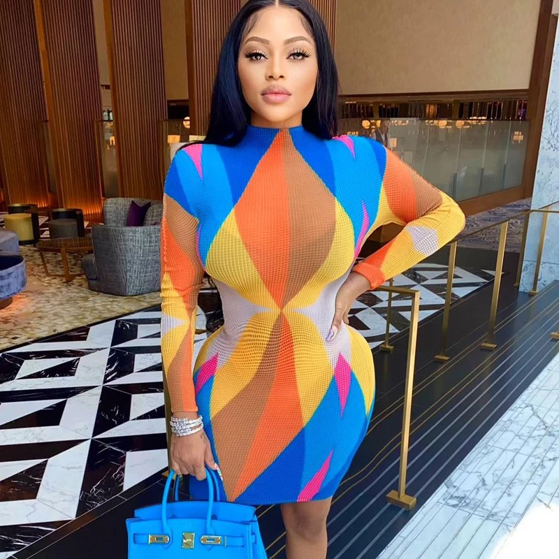 Trendy beautiful dress contrast color pretty printed O-neck long sleeves see through slim fit short dress for women