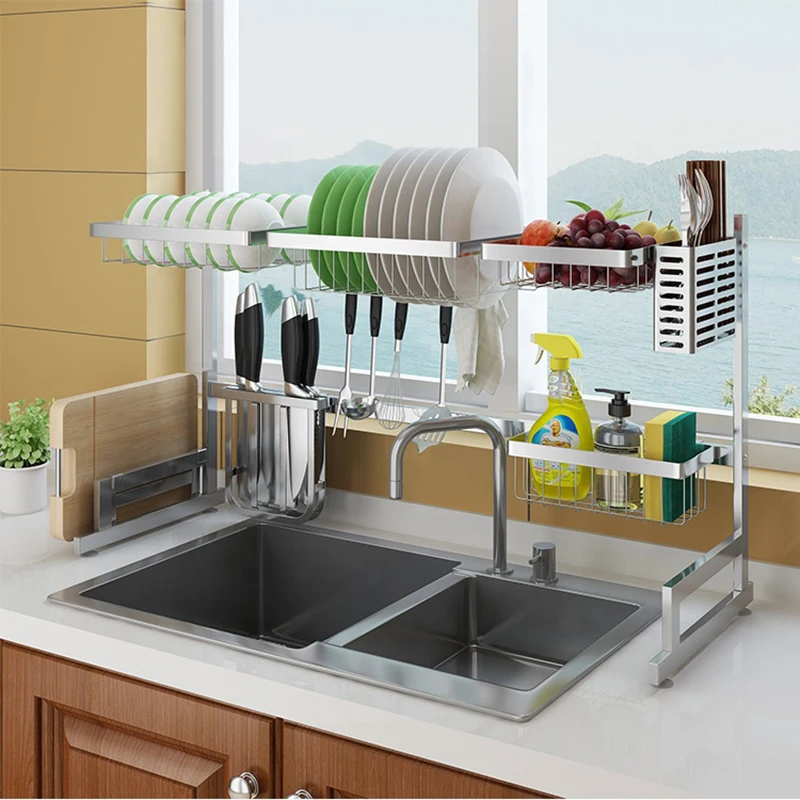 
Dish Drying Rack Over Sink Kitchen Supplies Storage Shelf Countertop Stand Tableware Drainer Organizer Stainless Steel 