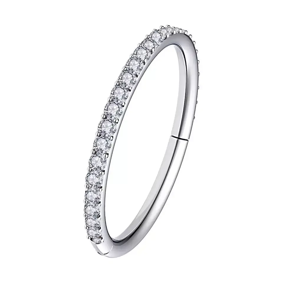 ASTM F136 Titanium Hinged Segment Ring CZ Stone Gem Paved Fashion Nose Ring Silver Stainless Steel Earring Gift Piercing Jewelry