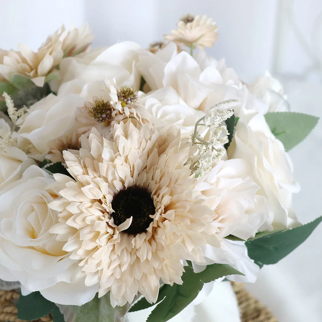 Diy wedding bouquets home faux sunflower artificial white silk flowers fake gold roses bridal bunch artificial flower bouquets