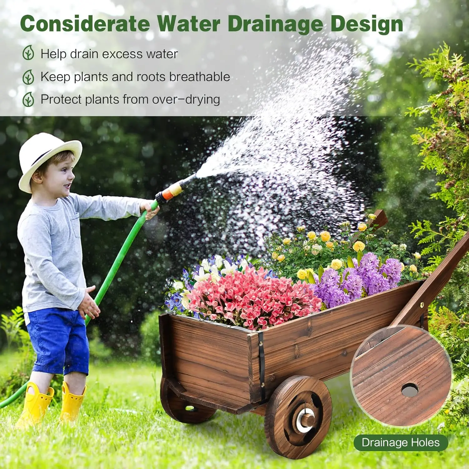 Popular Decorative Wagon Cart with Wheels Drainage Hole Flower Planter Pot Stand Wooden Wagon Planter Box