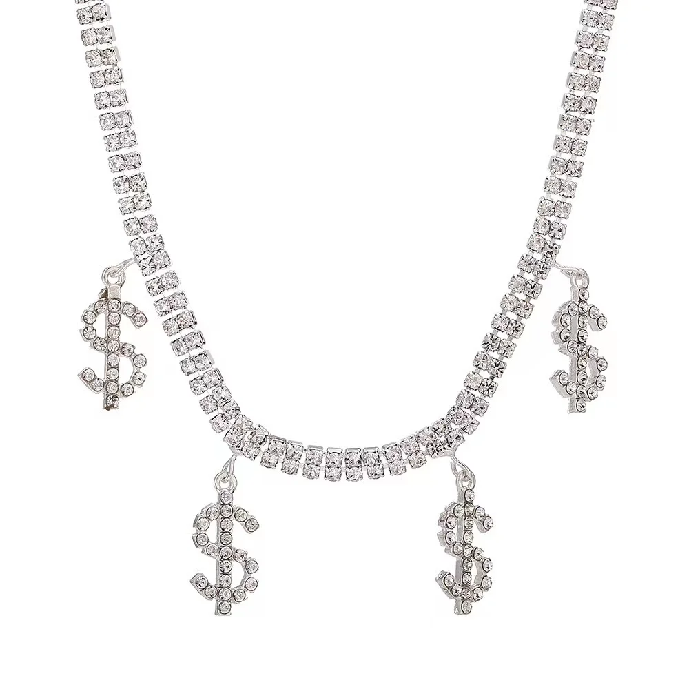 PJ-M074 Women Dainty Adjustable Non-fading  Crystal Rhinestone Dollar Sign Pendant Necklace for Women