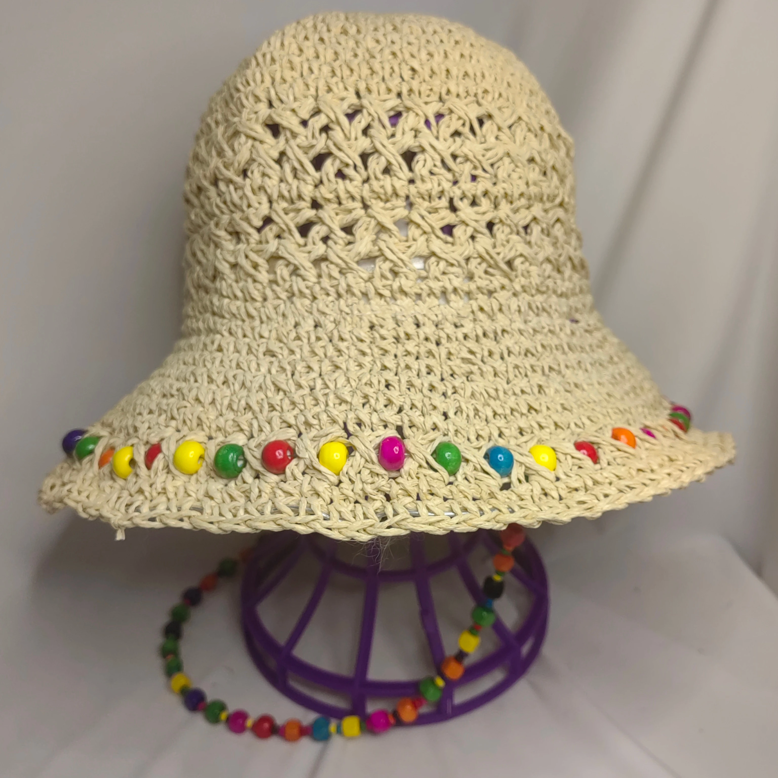 Spring summer hand-crocheted colored bead sunblock hat hollowed out large sun hat straw hat