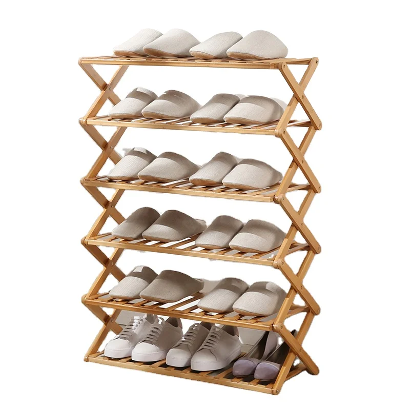
6 Tiers 30 Pairs Simple Folding Wood Shoe Rack In Hallway 