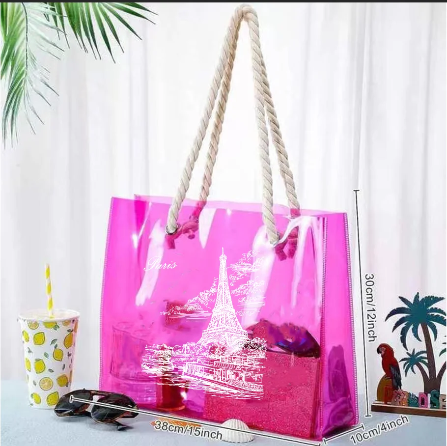 High quality Customized Fashion Pink Bags With Thick Cotton Handle Transparent Pvc Waterproof Tote Shopping Bag clear beach bag
