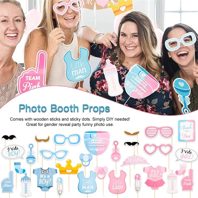 Baby Gender Reveal Decorations kit with 36' Gender Reveal Balloon Banner Cake Toppers Fringe Curtains Baby Shower Supplies