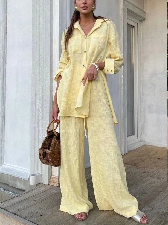 Custom two-piece women sets shirt long sleeve split blouse with wide leg trousers two-piece set